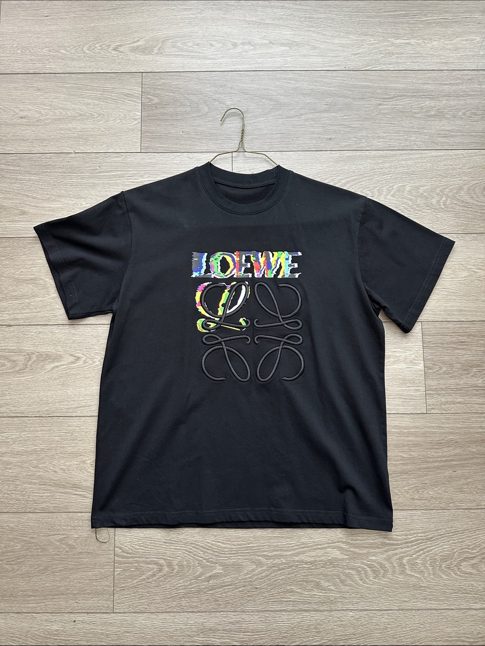 Loewe Black T‑Shirt with Multicolor Logo and Embossed Anagram